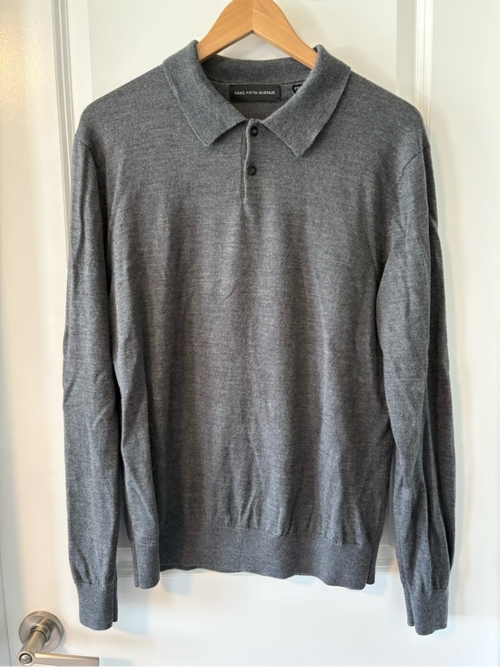 Saks Fifth Avenue Wool Blend Knit Polo Sweater Gray Large